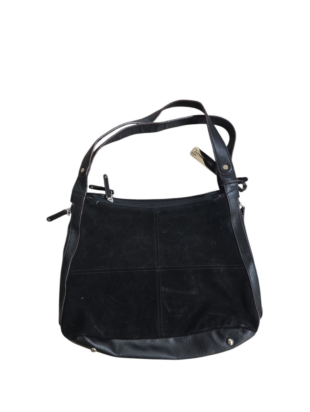 Tignanello Black Suede Genuine Leather Expandable Shoulder Bag Purse